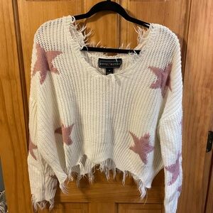 Polly & Esther Distressed White and Pink Star Sweater